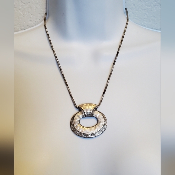 Vintage Art Deco Hammered Pewter Pendant Statement Necklace Boho - Picture 1 of 6